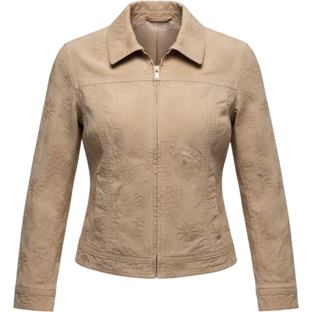 Jones New York Signature Petite Tan Floral Jacquard Zip Front Cotton Jacket PS